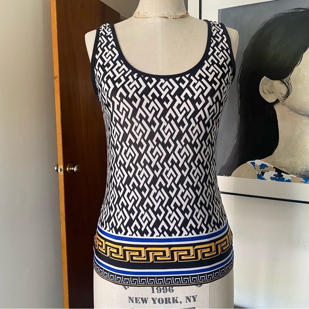 Joseph Ribkoff Black & White Geometric Tank with Gold and Blue Trim